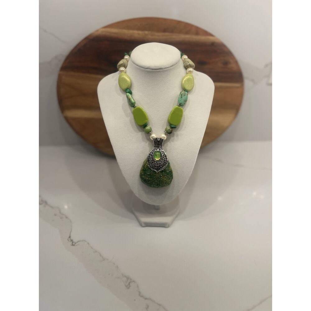 Artisan Lime Green Chunky Statement Necklace Boho Wearable Art Pendant